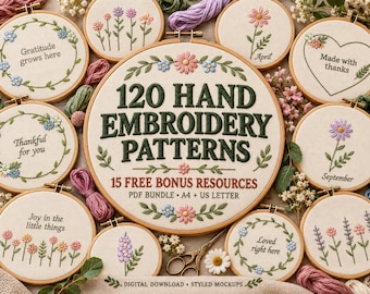 May include: A collection of circular wooden embroidery hoops featuring various floral designs and text including 120 HAND EMBROIDERY PATTERNS 15 FREE BONUS RESOURCES PDF BUNDLE A4 + US LETTER. The fabric is off-white with colourful thread.