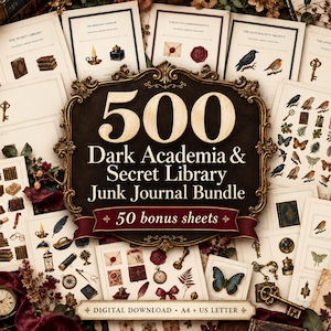 Puede incluir: Un paquete de diario basura digital con 500 hojas con temas de Dark Academia y Secret Library. La colección incluye ilustraciones de llaves, libros, pájaros, mariposas, sellos de cera y papelería vintage, presentadas en un marco decorativo.