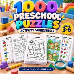 May include: A collection of 1000 Preschool Puzzles activity worksheets featuring various educational games like I Spy, mazes, and pattern matching. The set includes a yellow pencil and a magnifying glass, with a title graphic reading 1000 Preschool Puzzles.