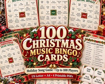100 Christmas Music Bingo Cards, Holiday Song Game, Party Activity (Digital Download)