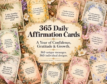 365 Daily Affirmation Cards Printable, Vintage Botanical Junk Journal Ephemera Style, Self-Love & Gratitude PDF