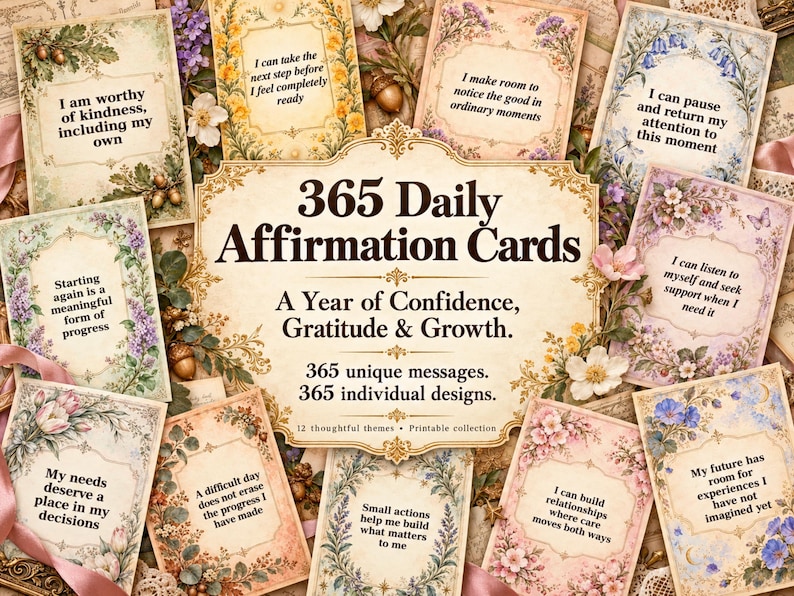 May include: A collection of 365 daily affirmation cards featuring floral borders and text. The central card reads 365 Daily Affirmation Cards, A Year of Confidence, Gratitude & Growth. 365 unique messages. 365 individual designs. 12 thoughtful themes. Printable collection.