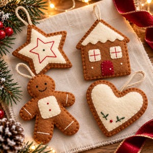 May include: Four felt ornaments featuring a brown gingerbread person, a brown house with a white roof, a white star with red stitching, and a white heart with green embroidery. Each piece includes a beige string loop for hanging.