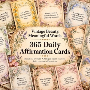 May include: A set of 365 daily affirmation cards featuring vintage botanical artwork and antique paper textures. Each card displays bold centered text with positive affirmations. The central card reads: Vintage Beauty. Meaningful Words. 365 Daily Affirmation Cards.