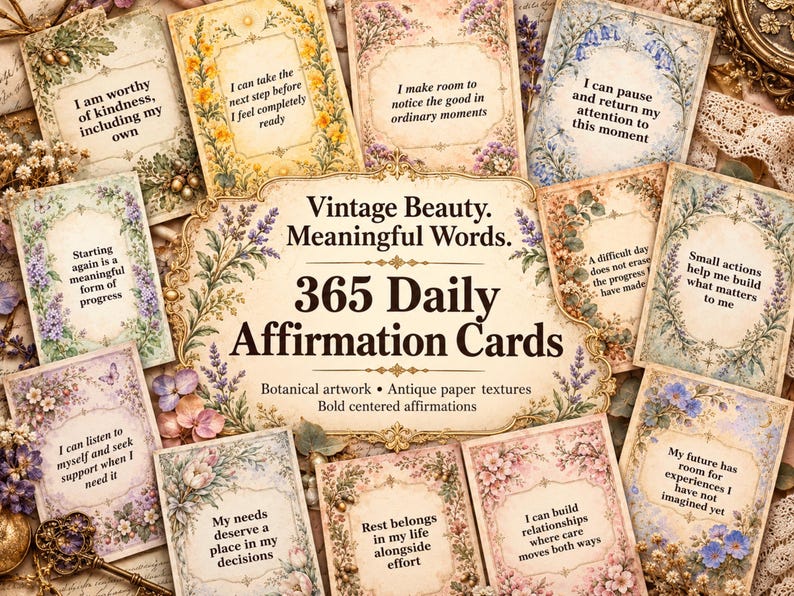 May include: A set of 365 daily affirmation cards featuring vintage botanical artwork and antique paper textures. Each card displays bold centered text with positive affirmations. The central card reads: Vintage Beauty. Meaningful Words. 365 Daily Affirmation Cards.