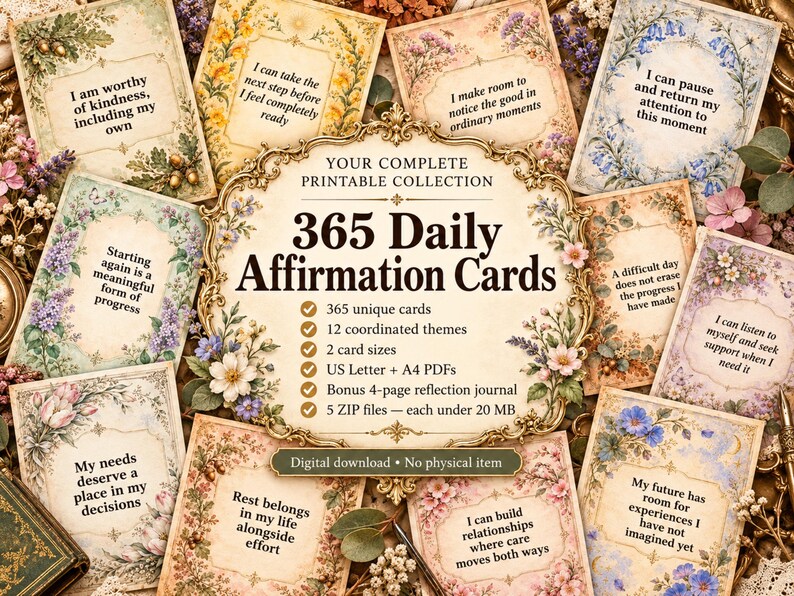 May include: A collection of 365 daily affirmation cards featuring floral borders and inspirational text. The central card displays the title 365 Daily Affirmation Cards with a list of features including 12 themes, two sizes, and US Letter and A4 PDF formats.