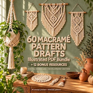 Op de afbeelding: Een digitaal downloadpakket getiteld 60 MACRAMÉ PATTERN DRAFTS Illustrated PDF Bundle + 12 BONUS RESOURCES. De afbeelding toont diverse crèmekleurige macramé wandkleden, een plantenhanger, onderzetters en sleutelhangers op een houten ondergrond.