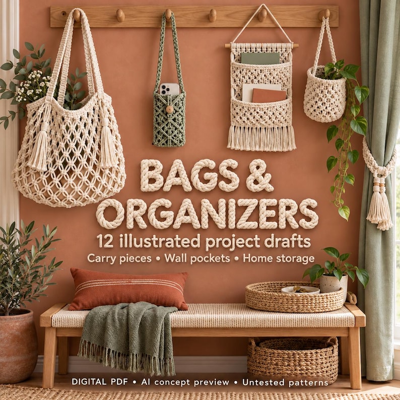 May include: A collection of macrame items including a large tote bag, a phone pouch, a wall pocket, and a hanging planter. The text reads BAGS & ORGANIZERS 12 illustrated project drafts Carry pieces Wall pockets Home storage DIGITAL PDF.