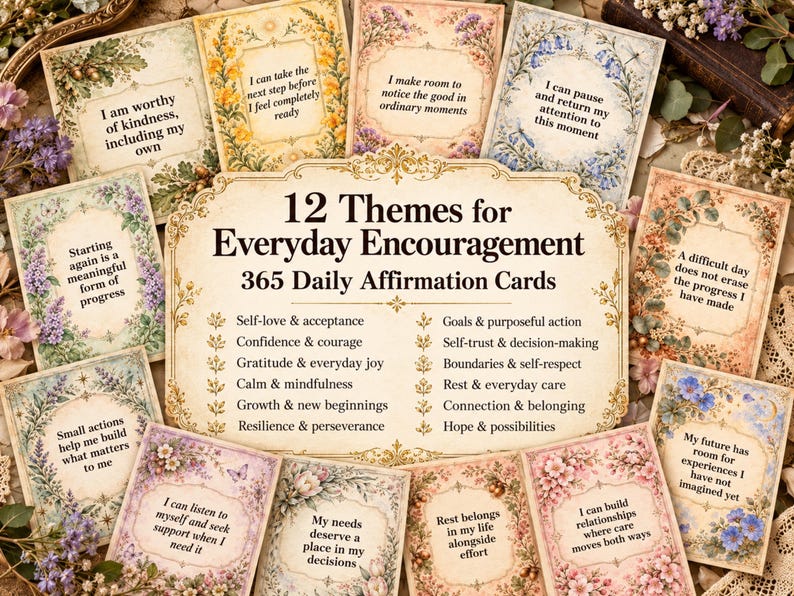 May include: A set of 365 daily affirmation cards featuring 12 themes for everyday encouragement. The central card displays the title and list of themes, surrounded by smaller cards with floral borders and printed text including I am worthy of kindness.