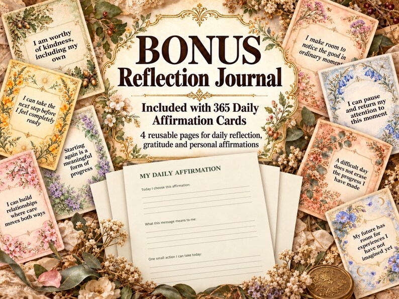 May include: A collection of affirmation cards and a reflection journal page. The cards feature floral borders and text including 'I am worthy of kindness' and 'I can take the next step'. The journal page is titled 'MY DAILY AFFIRMATION' with lines.