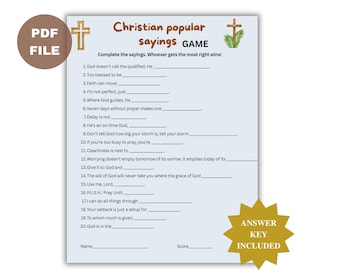 Peut inclure: Une feuille de jeu PDF imprimable intitulée Christian popular sayings GAME avec vingt phrases religieuses à compléter. Le document comprend des illustrations de croix brunes, un fond bleu clair et une étoile dorée indiquant ANSWER KEY INCLUDED.