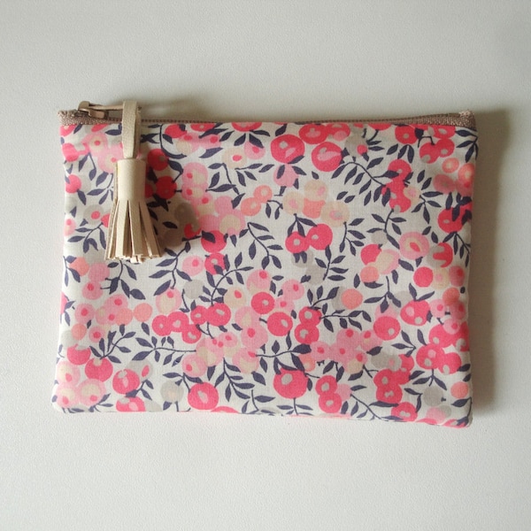 Petite pochette porte monnaie en tissu Liberty Wiltshire corail / Trousse liberty of London