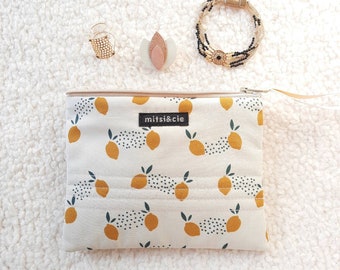 Pochette matelassée en tissu coton citron / pochette bijoux molletonnée / Trousse tissu femme / Cadeau pour elle