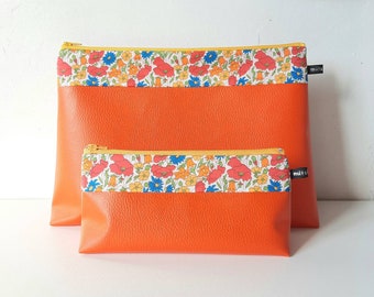 Poppy and Daisy Orange Faux Leather and Liberty Toiletry Bag Duo