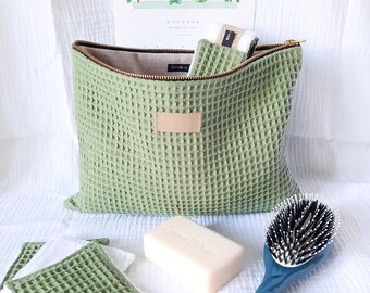 Women's sage honeycomb toiletry bag - large model / Maxi fabric pouch