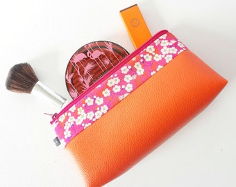 Small rigid toiletry bag in orange and Liberty of London Mitsi fabric / Women's makeup bag / handmade gift