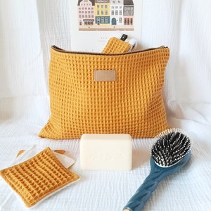 Women's mustard honeycomb toiletry bag - large model / Maxi fabric pouch