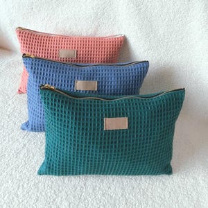 Grande pochette zippée / Grande trousse coton nid d'abeille / Trousse de toilette / Pochette voyage grand format / Cadeau femme