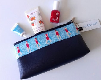 Trousse de toilette rigide petit format bleu marine et tissu Nageuses / Trousse maquillage femme / Cadeau pour ELLE