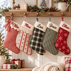 Personalized Christmas Stocking, Embroidered Name Stocking, Custom Plaid Gingham Stocking, Bow Christmas Stocking, Kids Christmas Gift