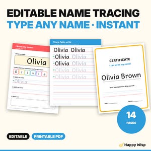 Puede incluir: Conjunto de 14 páginas PDF imprimibles para caligrafía de nombres editables. Incluye hojas con el texto I know my name, Trace, fade, write y un certificado I can write my name. Muestra el nombre Olivia en texto negro sobre papel blanco.