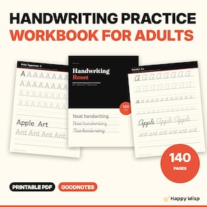 Puede incluir: Un cuaderno de ejercicios de caligrafía de 140 páginas para adultos titulado Handwriting Reset, disponible en formatos PDF imprimible y Goodnotes. Incluye hojas de práctica para letras mayúsculas y cursiva con palabras como Apple y Art.