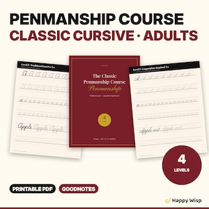 Puede incluir: Un curso de caligrafía para adultos con una portada granate titulada The Classic Penmanship Course y dos hojas de práctica. Las hojas muestran ejercicios de letra A cursiva, la palabra Apple y escritura Copperplate. 4 niveles.