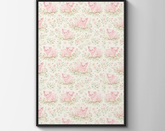 Pink Pig Floral Pattern Art Print, Farm Animal Wall Art, Soft Green Botanical