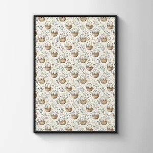 May include: A framed wall art print featuring a repeating pattern of brown woven baskets filled with light blue and white eggs, interspersed with delicate green leafy sprigs and small dark dots on a cream-colored background.