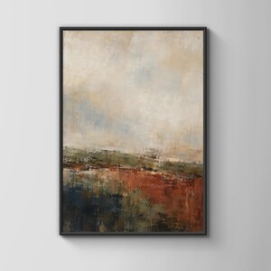 May include: A framed abstract painting featuring a landscape composition with a textured sky in shades of cream and light blue, a central band of muted green, and a foreground dominated by deep rust, brown, and dark navy blue paint strokes.