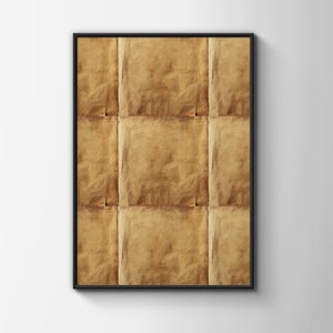May include: A rectangular wall art piece featuring a grid of nine squares, each displaying a textured, aged, tan-colored paper surface with visible creases, folds, and variations in tone, all enclosed within a thin, solid black frame.
