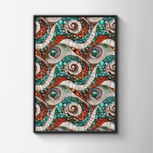 Gem Mosaic Pattern Art Print, Turquoise and Orange Jewel Stone Tile Design