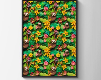 Kunstdruck mit tropischem Faultiermuster, farbenfrohes Dschungelblumenmuster, grüne, rosa und gelbe Tiermotive für die Wand
