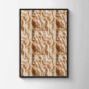 May include: A rectangular wall art piece featuring a repeating pattern of light brown, tan, and beige crumpled paper textures. The artwork is enclosed within a thin, solid black frame, creating a sharp contrast against the textured surface.