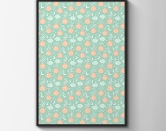 Pastel Cauldron Pattern Art Print, Mint Green Witchy Teapot, Moons Stars Clouds