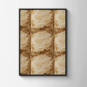 May include: A rectangular wall art piece featuring a repeating pattern of abstract, organic shapes in shades of beige, tan, and dark brown. The design is enclosed within a thin, black frame, creating a structured border around the textured, ink-like wash.