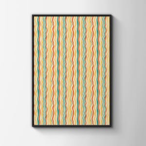 May include: A rectangular wall art print in a black frame featuring a repeating pattern of vertical wavy lines in shades of orange, yellow, and teal against a cream background. The design consists of thin, undulating stripes that span the entire height.