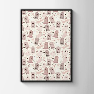 Pastel Halloween Ghost Pattern Art Print, Cute Kawaii Ghosts Tombstones Pink