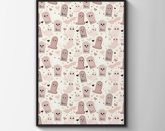 Pastel Halloween Ghost Pattern Art Print, Cute Kawaii Ghosts Tombstones Pink