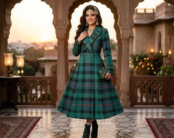 Ancient Murray Tartan Wool Coat | Double-Breasted Scottish Plaid Outerwear (Fit-and-Flare)