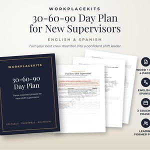 Op de afbeelding: Een 30-60-90 Day Plan for New Supervisors documentenset in het Engels en Spaans. De set bevat een donkerblauwe omslag met gouden tekst en vier witte pagina's met gestructureerde trainingssjablonen, bewerkbaar en printbaar voor teamleiders.