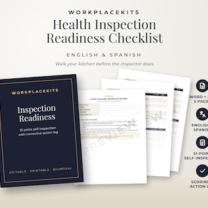 Puede incluir: Un conjunto de documentos digitales titulado WorkplaceKits Health Inspection Readiness Checklist, con una portada azul oscuro con bordes dorados y varias páginas blancas que contienen un formulario de autoinspección de 51 puntos.