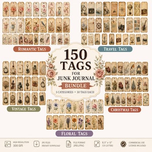 150 Junk Journal Tags Bundle, Vintage Ephemera, Romantic Floral Travel Christmas (Digital Download)