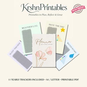Può includere: Una raccolta di pagine per agenda stampabili che include una copertina con un'illustrazione di fiori e farfalle, un registro meteo, un tracker di valutazione giornaliera con una stella, un tracker del sonno e uno dell'acqua.
