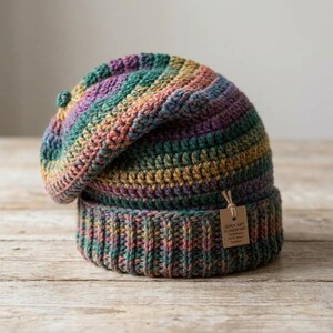 Puede incluir: Un gorro slouch de ganchillo multicolor con rayas horizontales de hilo verde, morado, naranja y azul. El gorro tiene un borde acanalado y una pequeña etiqueta rectangular marrón sujeta con una cuerda que dice QUICK GIFT SLOUCH HAT Handmade 100% Wool Medium.