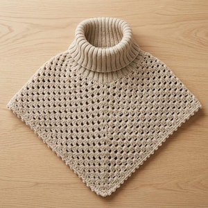 May include: A beige crochet poncho featuring a thick ribbed turtleneck collar and a diamond-shaped silhouette. The garment is constructed with an openwork stitch pattern throughout, creating a textured, lightweight appearance with scalloped edges.