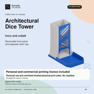 Może przedstawiać: Architektoniczna wieża do kości w kolorze kości słoniowej i kobaltowym, z wyjmowanym panelem przednim i oddzielną tacką. Projekt jest dostępny jako trójczęściowy plik cyfrowy STL do druku 3D, wraz z licencją na druk osobisty i komercyjny.