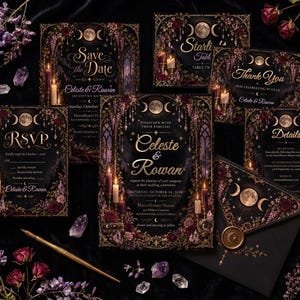 May include: A wedding stationery set featuring dark purple and black backgrounds with gold celestial moon phase motifs, floral accents, and candle illustrations. The cards include text such as Save the Date, RSVP, Details, and Thank You for Celeste and Rowan.