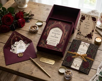 May include: A wedding stationery set featuring deep burgundy velvet boxes, envelopes, and cards with intricate gothic arch designs, dark red roses, and gold foil accents. The text reads Evelyn & Lucien, RSVP, and Vows After Midnight, accompanied by a gold pen and wax beads.