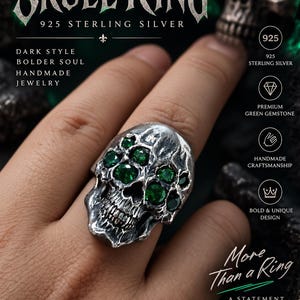 925 Sterling Silver Skull Ring with Green Stones, Large Handmade Gothic Statement Jewelry